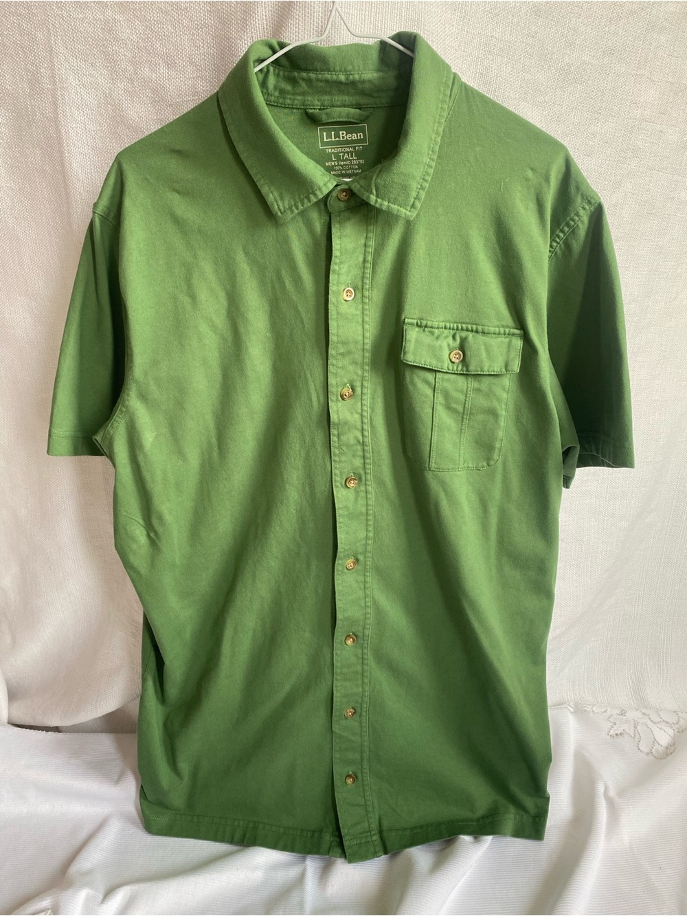 L.L. Bean Men’s Short Sleeve Button-Down Polo L Tall Green Cotton Traditional Fi